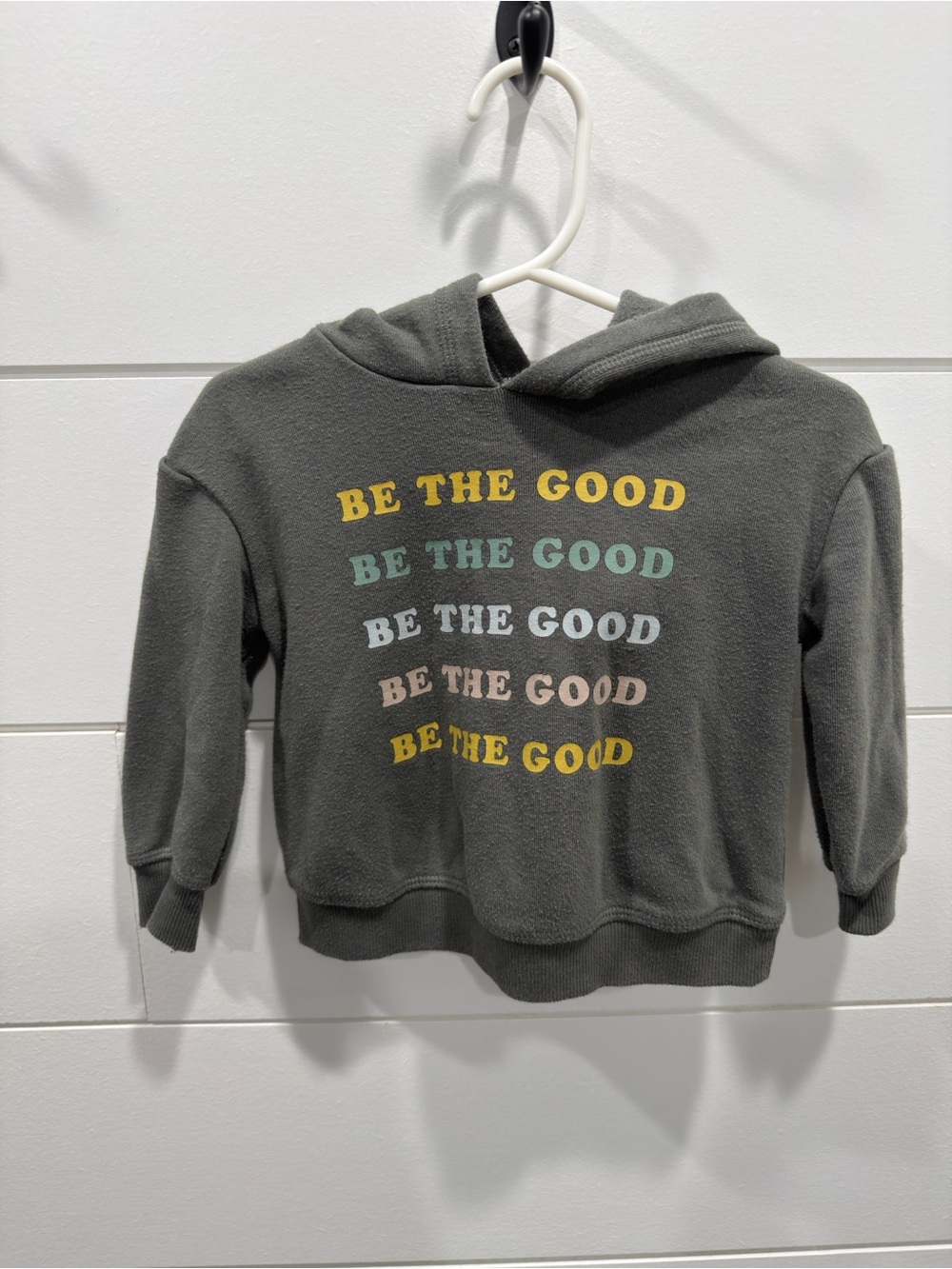 Kids Olive Green Hooded Sweatshirt with 'Be The Good' Rainbow Graphic